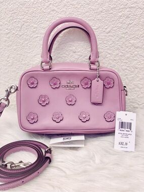 NWT COACH CAJ99 Satchel Crossbody Bag Floral Applique Smooth Leather Lilac